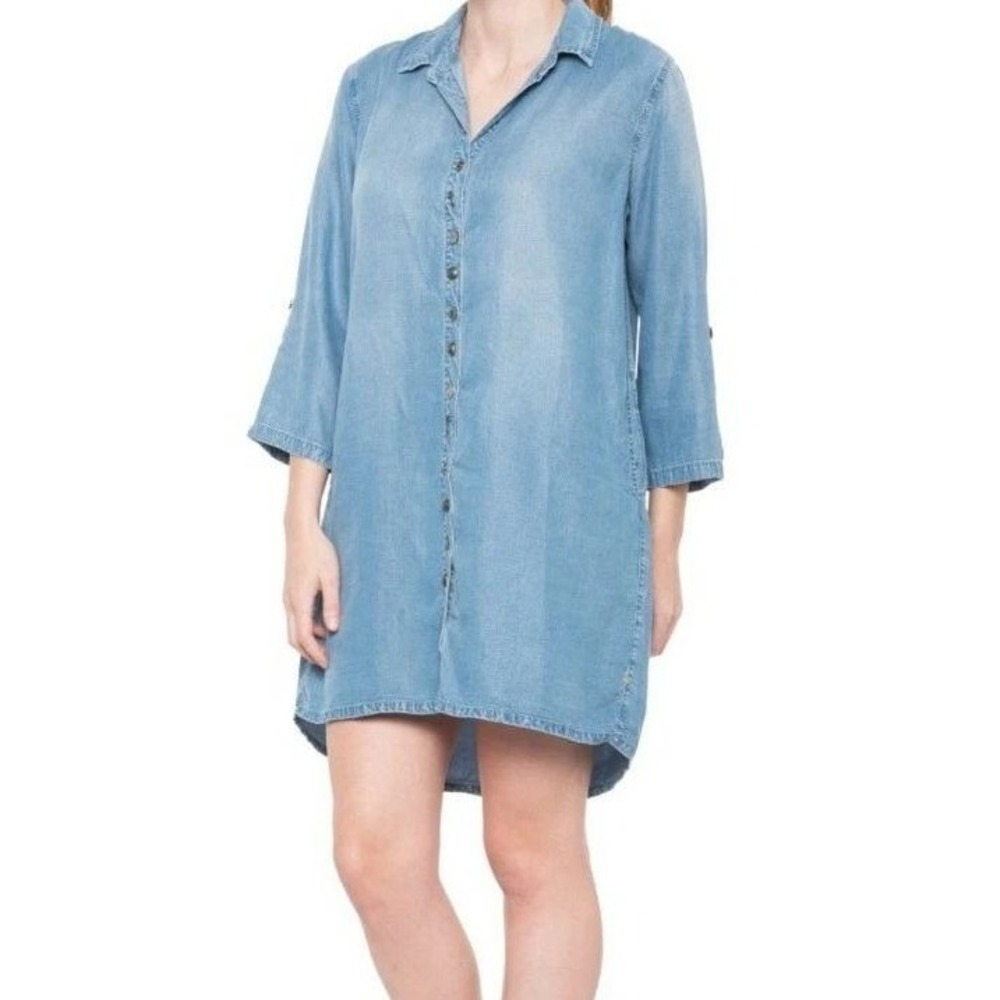 Neon Buddha Denim Chambray Shirt Dress Lace Up Back‎ Roll Tab Sleeve Blue Size S